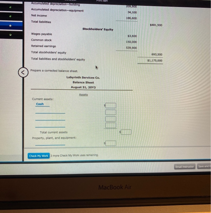 the balance sheet for Labyrinth Services Co., which contains errors. Labyrinth Services