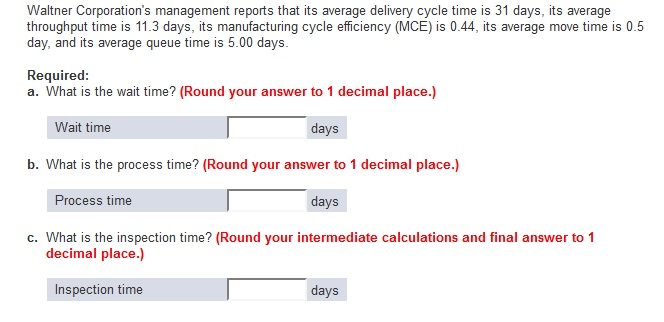  Waltner Corporation's management reports that its average delivery cycle time is