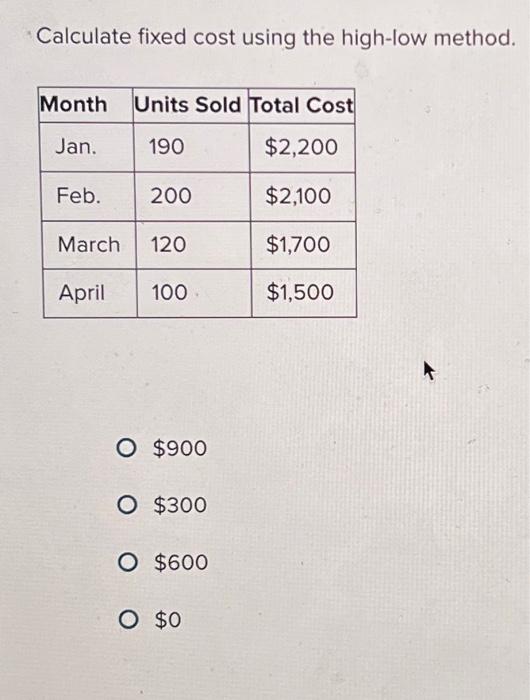  Calculate fixed cost using the high-low method. Month Units Sold Total