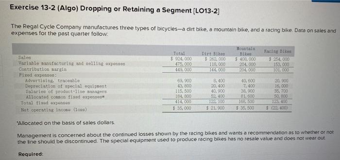  Exercise 13-2 (Algo) Dropping or Retaining a Segment (LO13-2] The Regal