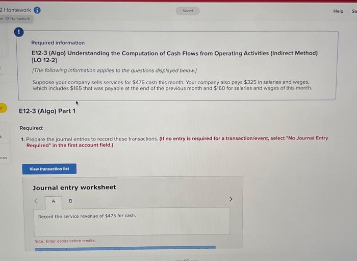 plz help asap Required information E12-3 (Algo) Understanding the Computation of Cash