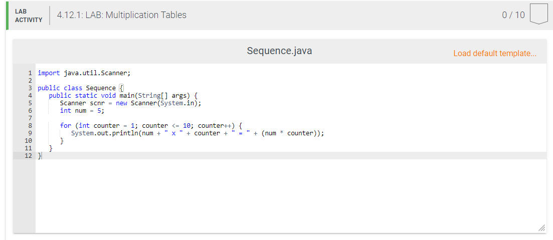number 5. Example output: 5 x 1 = 5 5 x 2