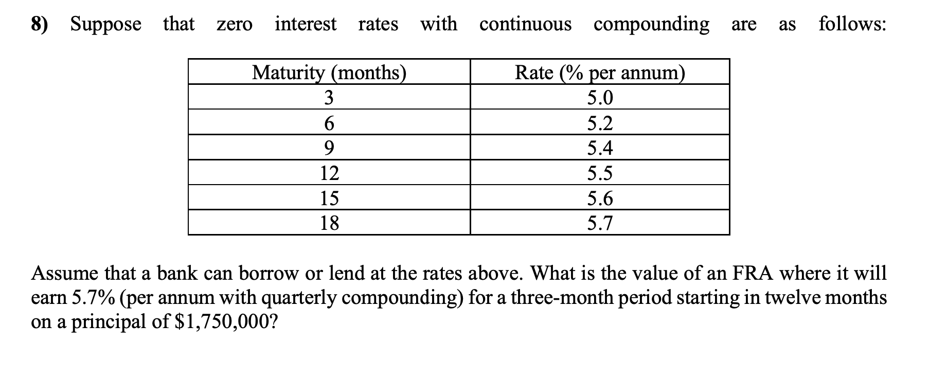 8) Suppose that zero interest rates with continuous compounding are as