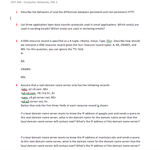 Please help with this computer network homework. CSIT 340-Computer Networks, HW 2