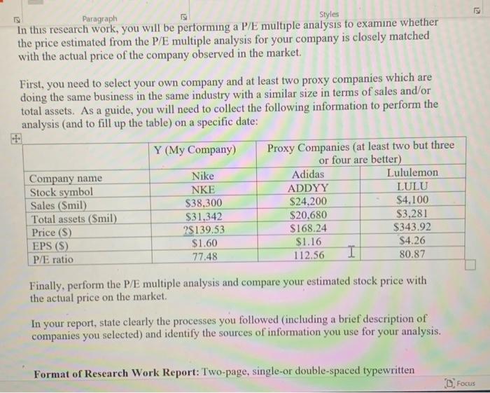 Can someone preform a P/E multiple analysis for my company (Nike), and