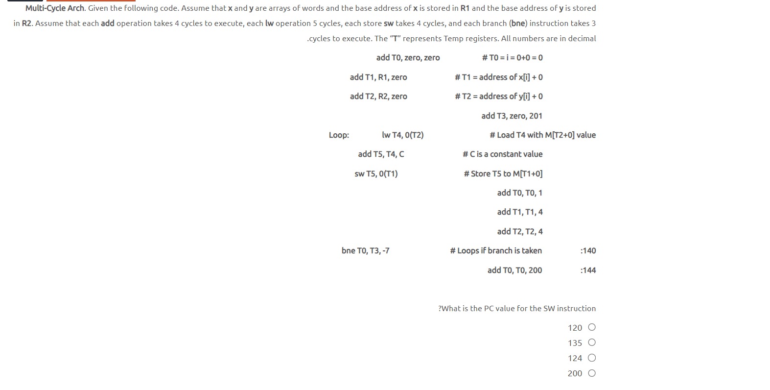  Multi-Cycle Arch. Given the following code. Assume that x and y