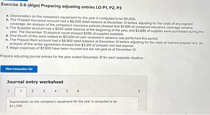  Exercise 3-6 (Algo) Preparing adjusting entries LO P1, P2, P3 a.