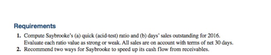 flow from receivables; valuate liquidity through ratios) Saybrooke, Inc., reported the following