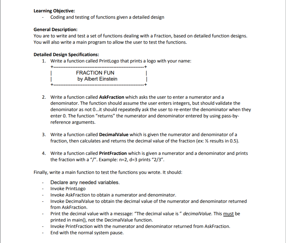 C++ : Learning Objective Coding and testing of functions given a detailed