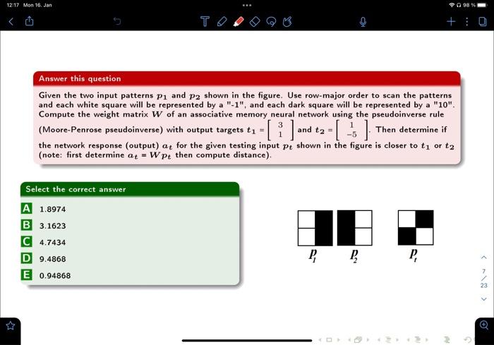  Answer this question Given the two input patterns p1 and p2
