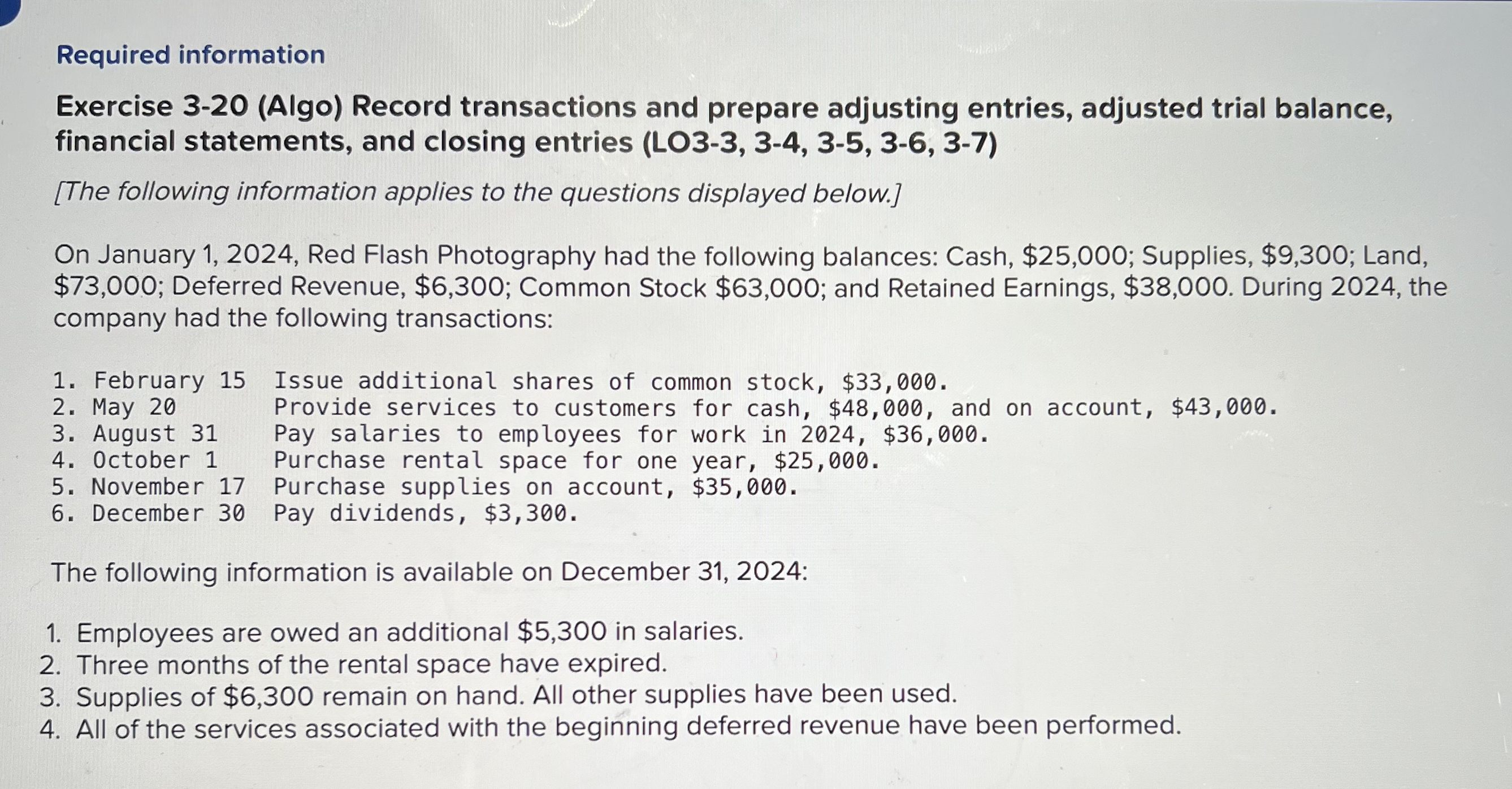  Required information Exercise 3-20(Algo) Record transactions and prepare adjusting entries, adjusted