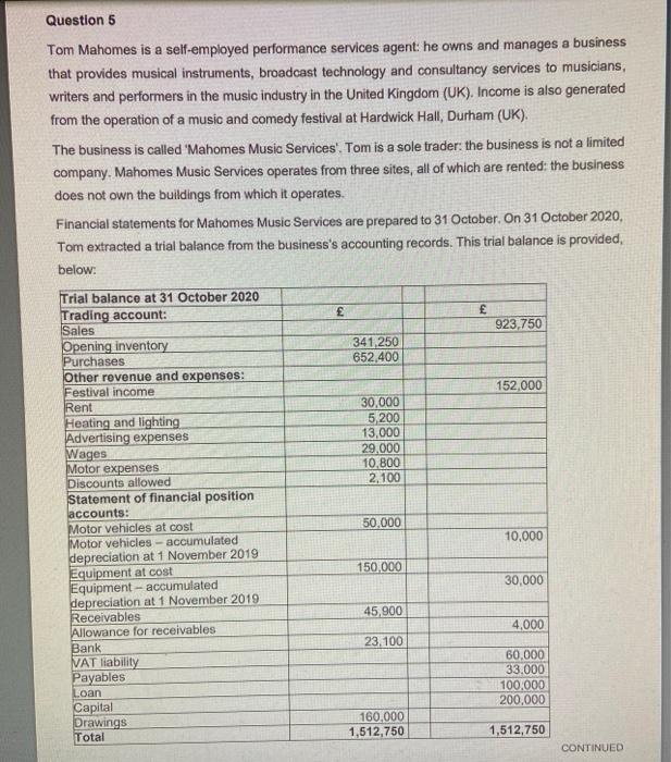  Question 5 Tom Mahomes is a self-employed performance services agent: he
