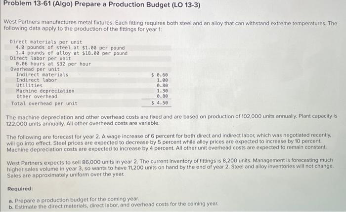  Problem 13-61 (Algo) Prepare a Production Budget (LO 13-3) West Partners