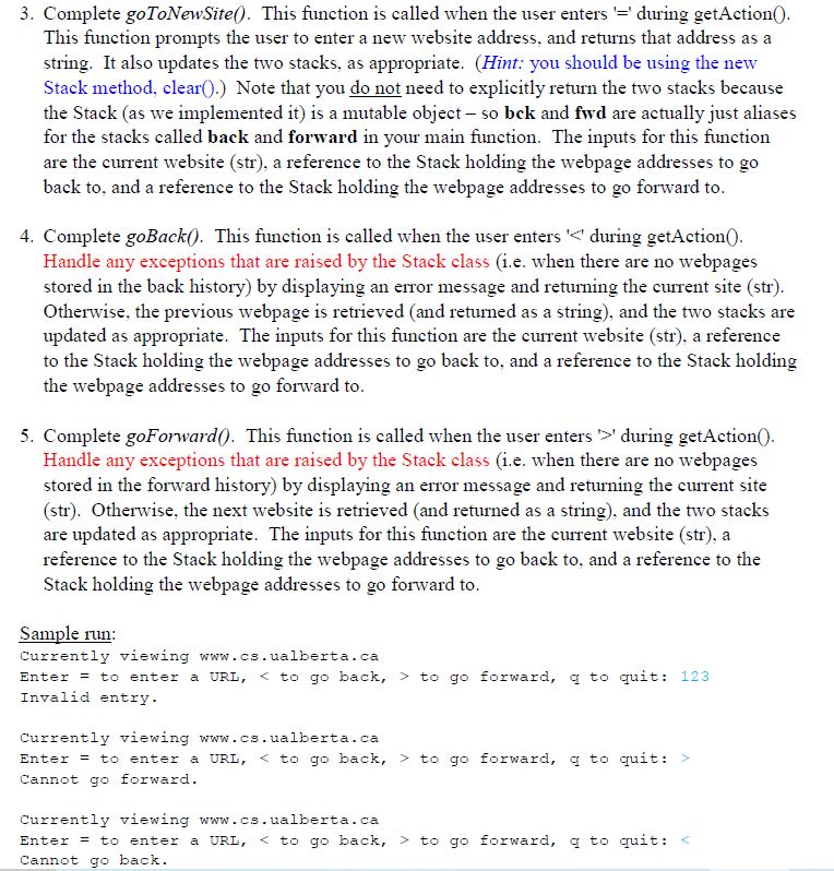 for stack class. code for lab5_browser: from stack import Stack def getAction():