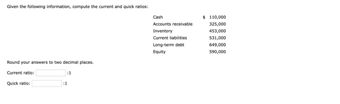  Given the following information, compute the current and quick ratios: Cash