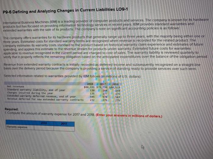  P9-6 Defining and Analyzing Changes in Current Liabilities LO9-1 International Business