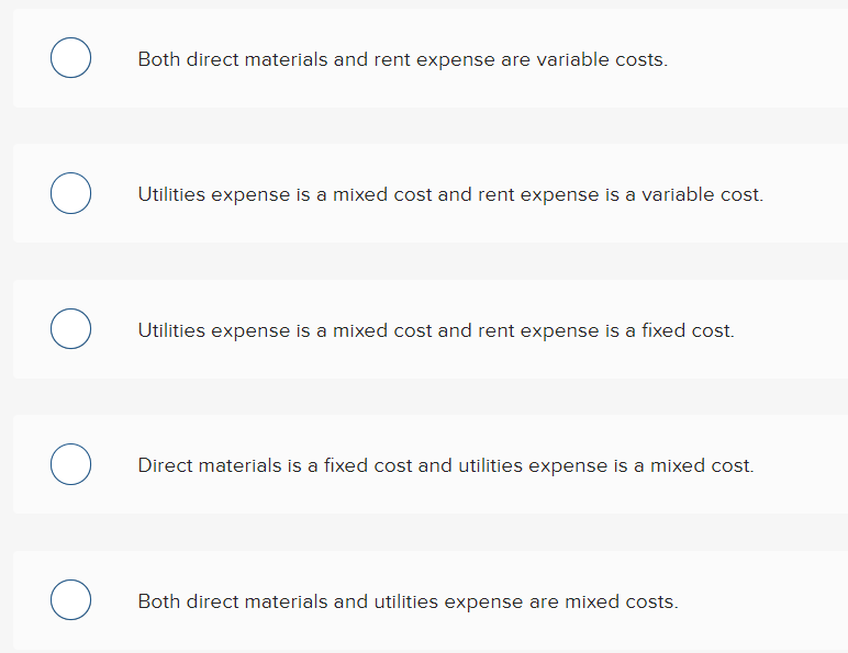  Both direct materials and rent expense are variable costs. Utilities expense