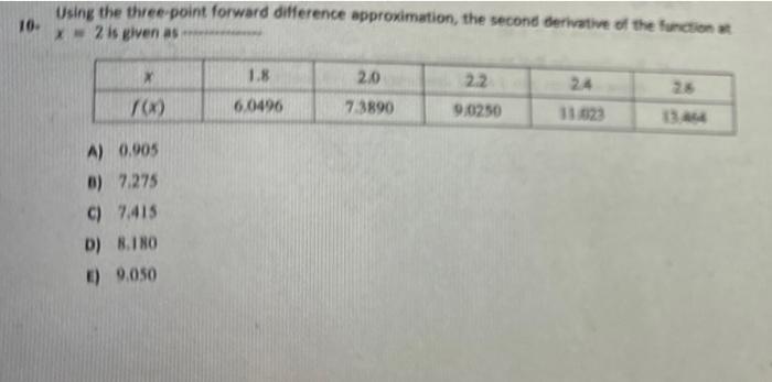  10. Using the three-point forward difference approximation, the secone derivative of