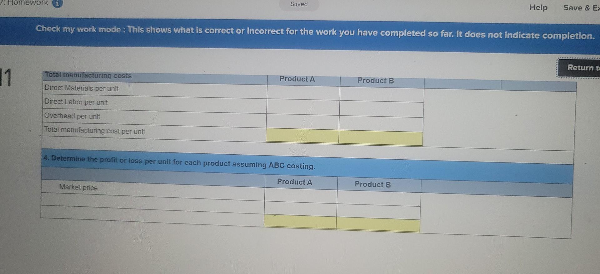 following data for two products of Gitano Manufacturing. (Loss amounts should be