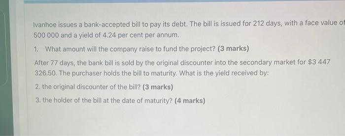 need hellpppp Ivanhoe issues a bank-accepted bill to pay its debt. The