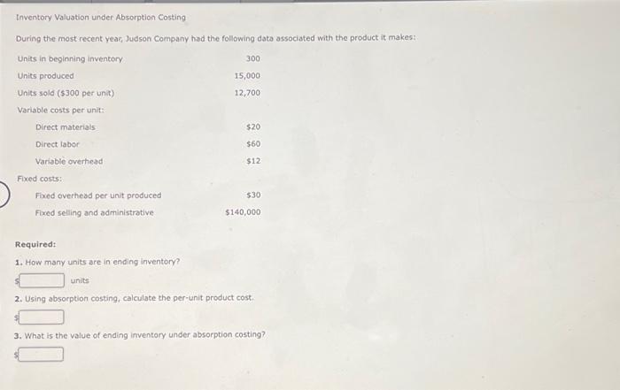  Inventory Valuation under Absorption Costing During the most recent year, Judson