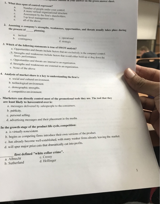  Puant: ubble th your answer on the green answer sheet. 1.
