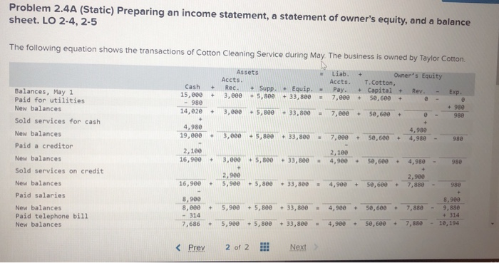  Problem 2.4A (Static) Preparing an income statement, a statement of owner's