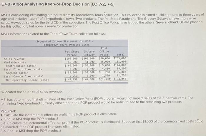 please help, there are 4 seperate parts E7-8 (Algo) Analyzing Keep-or-Drop Decision