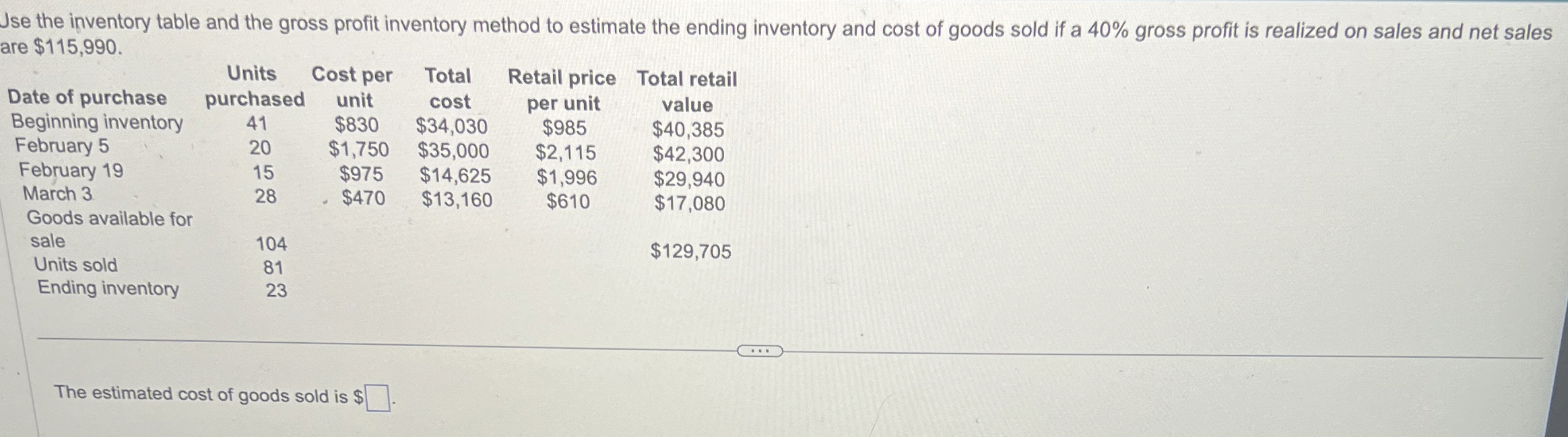  Jse the inventory table and the gross profit inventory method to