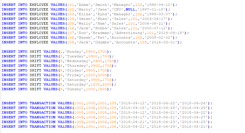 1998-04-12') ; INSERT INTO EMPLOYEE VALUES (102, 'Marry', 'Jane', 'CEO',NULL, '1997-01-18') ;