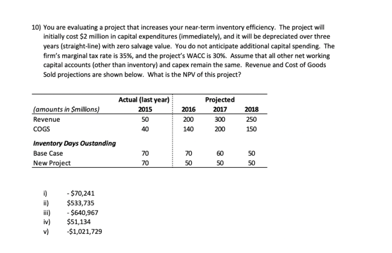  10) You are evaluating a project that increases your near-term inventory