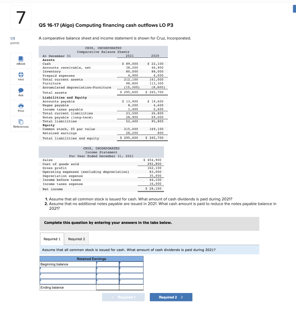 QS 16-17 (Algo) Computing financing cash outflows LO P3 A comparative