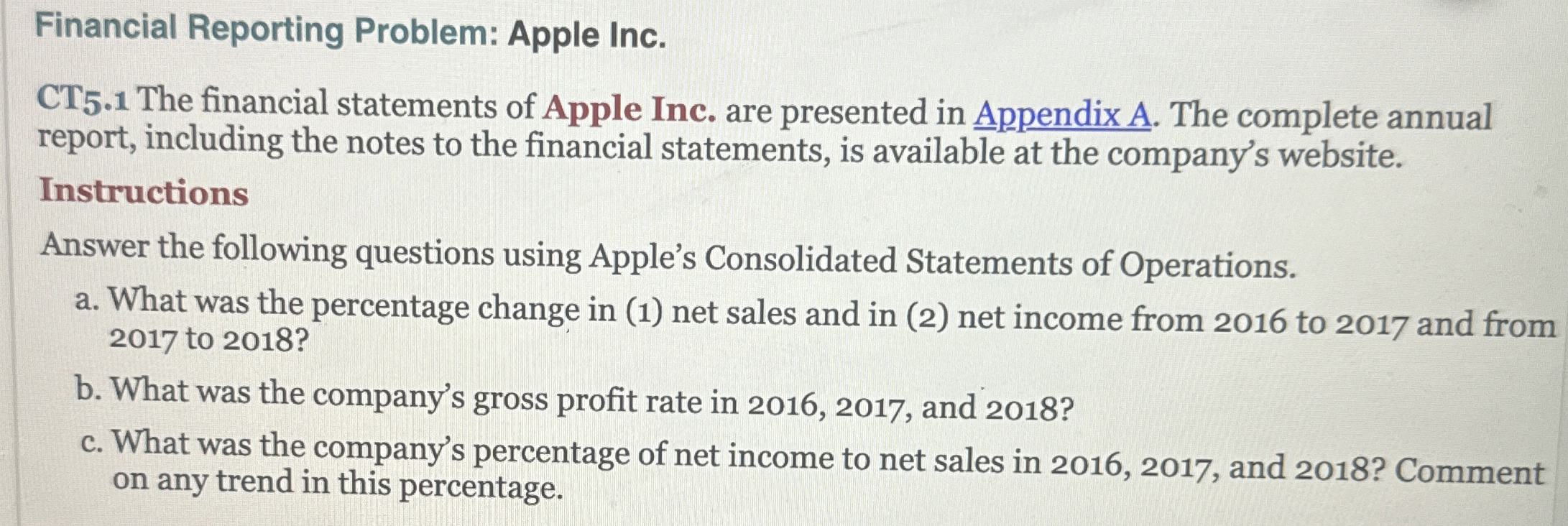  Financial Reporting Problem: Apple Inc. CT5.1 The financial statements of Apple