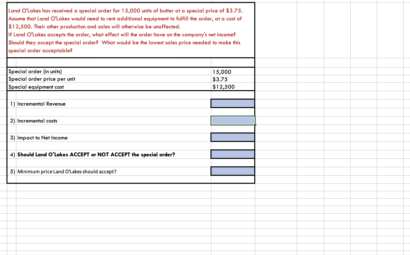 additional equipment to fulfill the order, at a cost of $12,500. Their