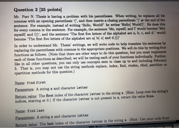  python question using thonny Question 2 (25 points) Mr. Parr N.