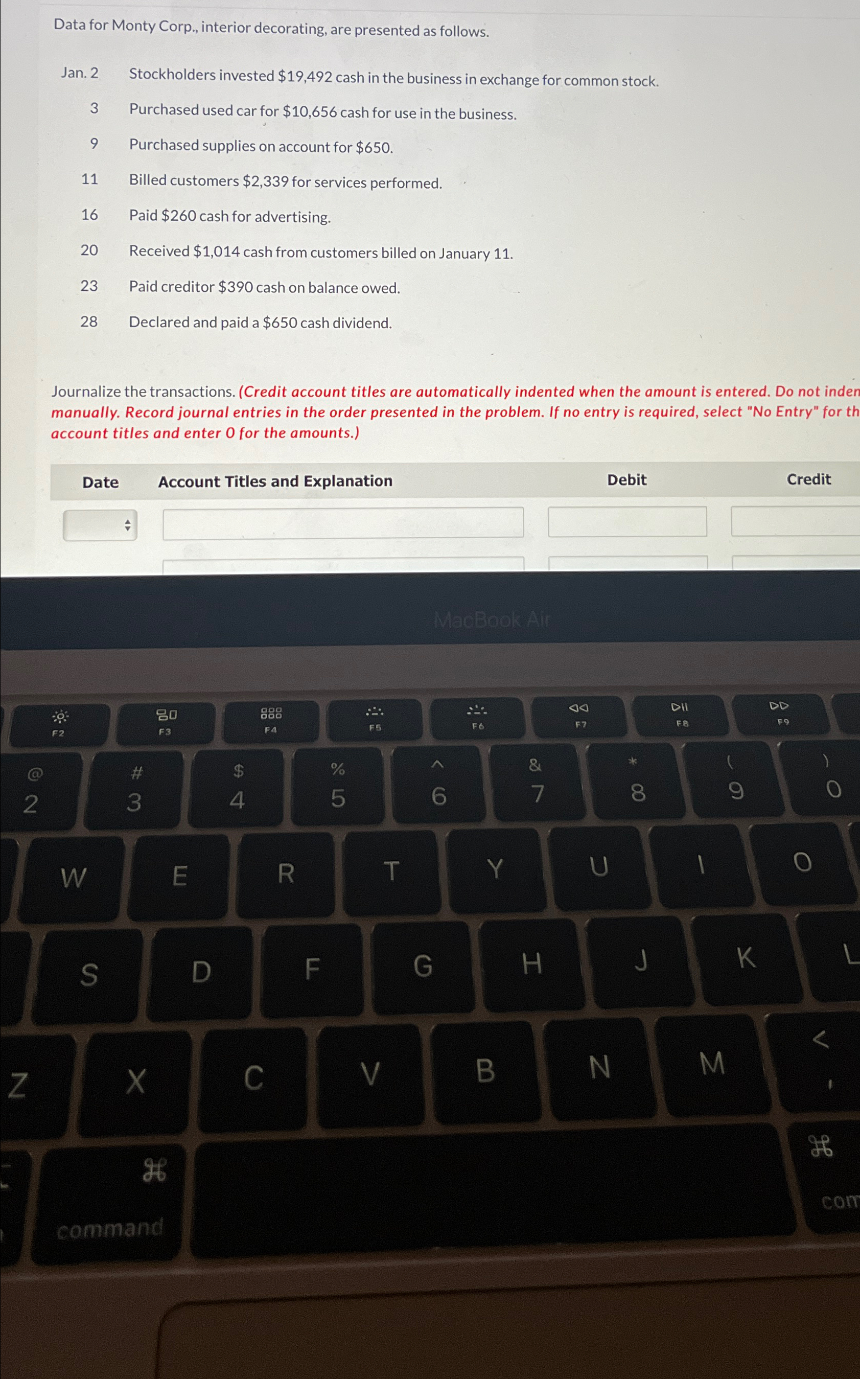  Data for Monty Corp., interior decorating, are presented as follows. Jan.