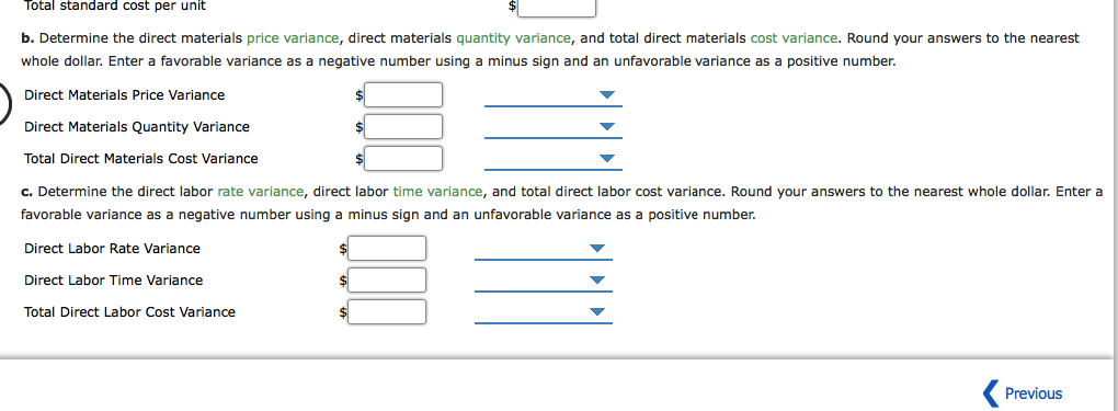 Total standard cost per unit b. Determine the direct materials price