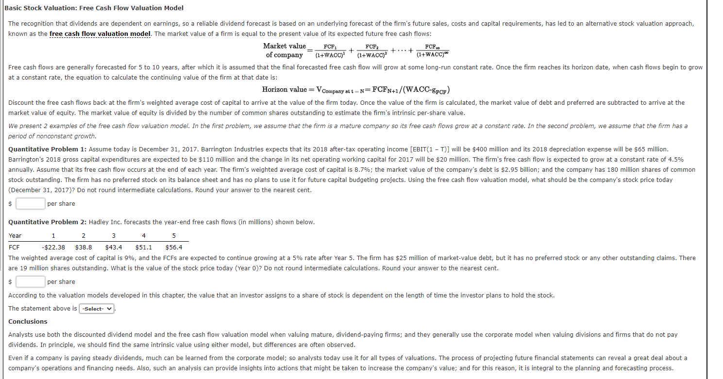  Basic Stock Valuation: Free Cash Flow Valuation Model known as the