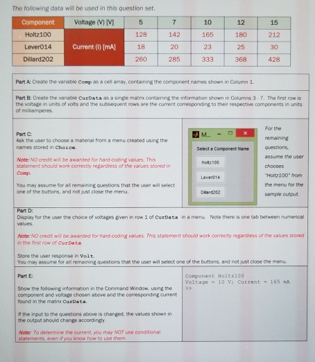 This is a matlab problem. The following data will be used