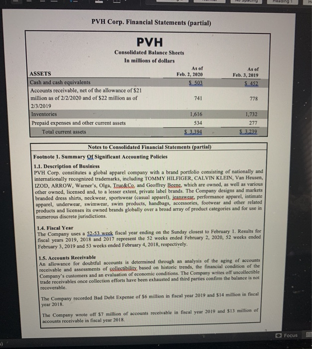 answer the following questions. a. Provide the following account balances for PVH