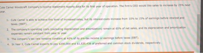  complete the year 2 income statement data for cute camel Dute