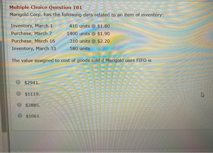  Multiple Choice Question 101 Marigold Corp. has the following data related