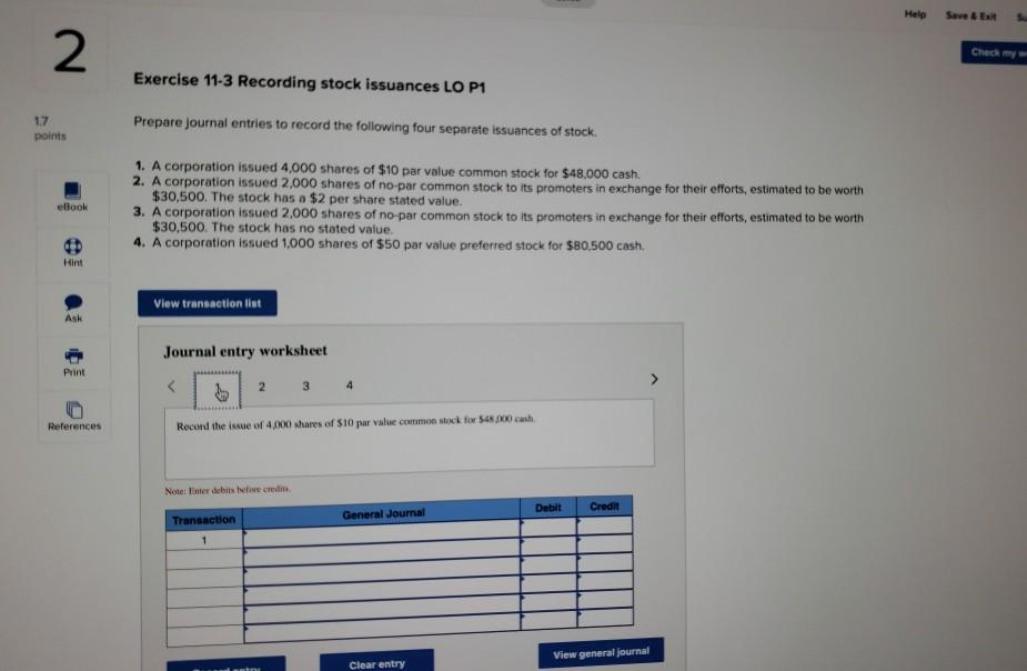 Help Save & Exit Su N Check my w Exercise 11-3