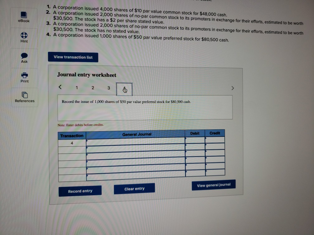 shares of $10 par value common stock for $48,000 cash. 2. A