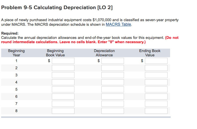 MARCS TABLE: Problem 9-5 Calculating Depreciation [LO 2] A piece of
