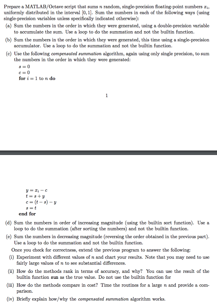  Prepare a MATLAB/Octave script that sums n random, single-precision floating-point numbers
