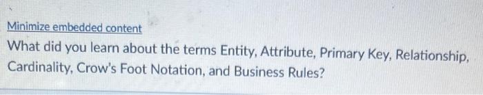  Minimize embedded content What did you learn about the terms Entity,