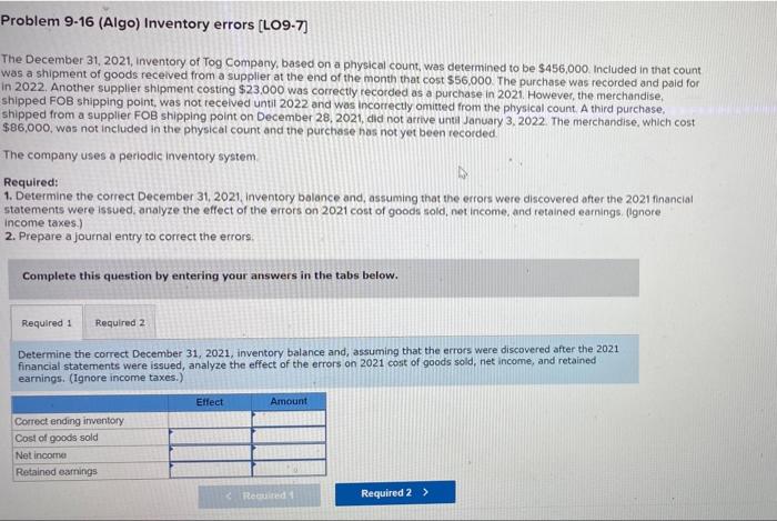  Problem 9-16 (Algo) Inventory errors (L09-7) The December 31, 2021, inventory