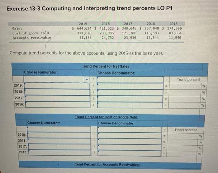  Exercise 13-3 Computing and interpreting trend percents LO P1 Sales Cost