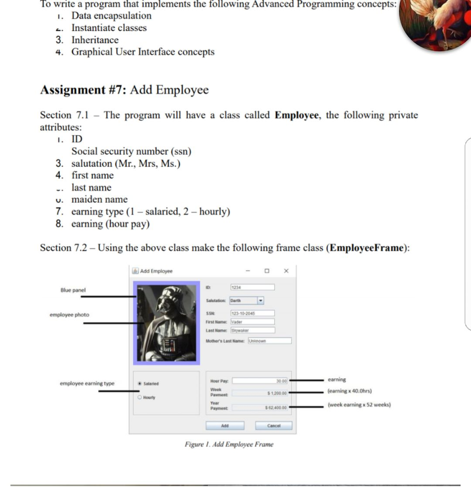 the photos using the employe class supplied, create a freame equal to